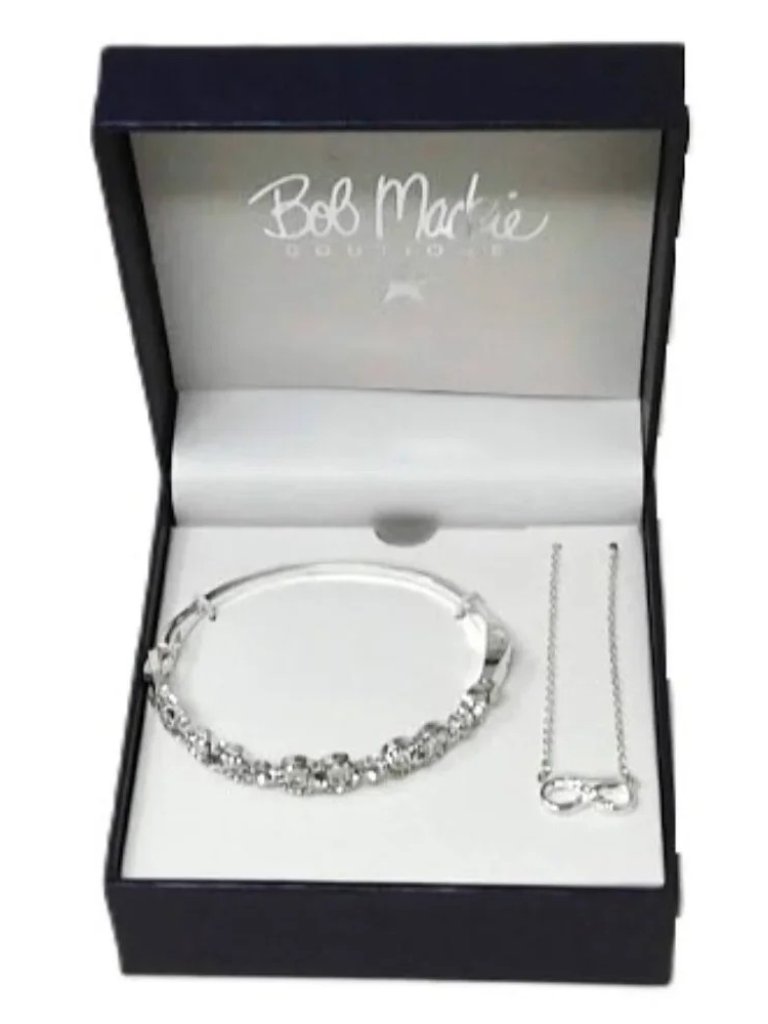 Bob Mackie Infinity Crystal Necklace Bracelet Set Everlasting Nib Silver Tone